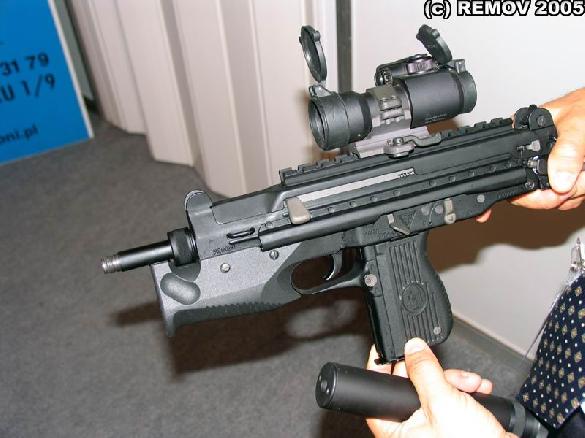 Polish 9mm FB PM-98 (Glauberyt) submachine gun with Picatinny rail and B&T silencer.