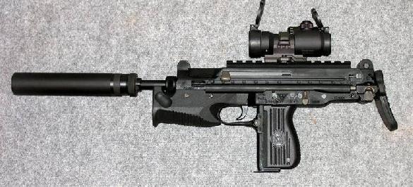 Polish 9mm FB PM-98 (Glauberyt) submachine gun with Picatinny rail and B&T silencer.